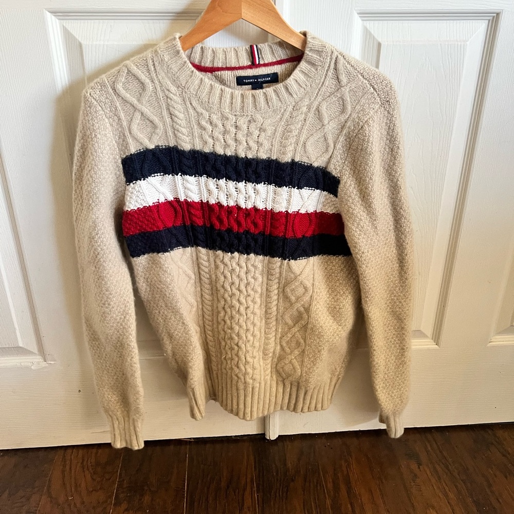 Tommy Hilfiger women’s Cream Sweater with Red and Blue Accents